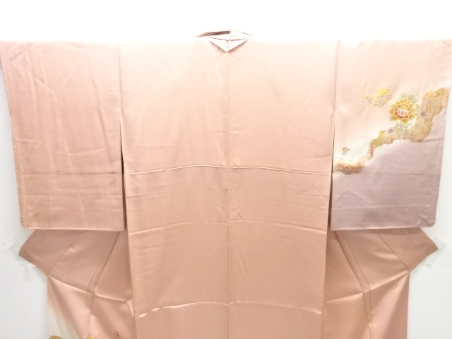  和田光正作　箔置き霞取りに唐花・花喰い鳥模様訪問着